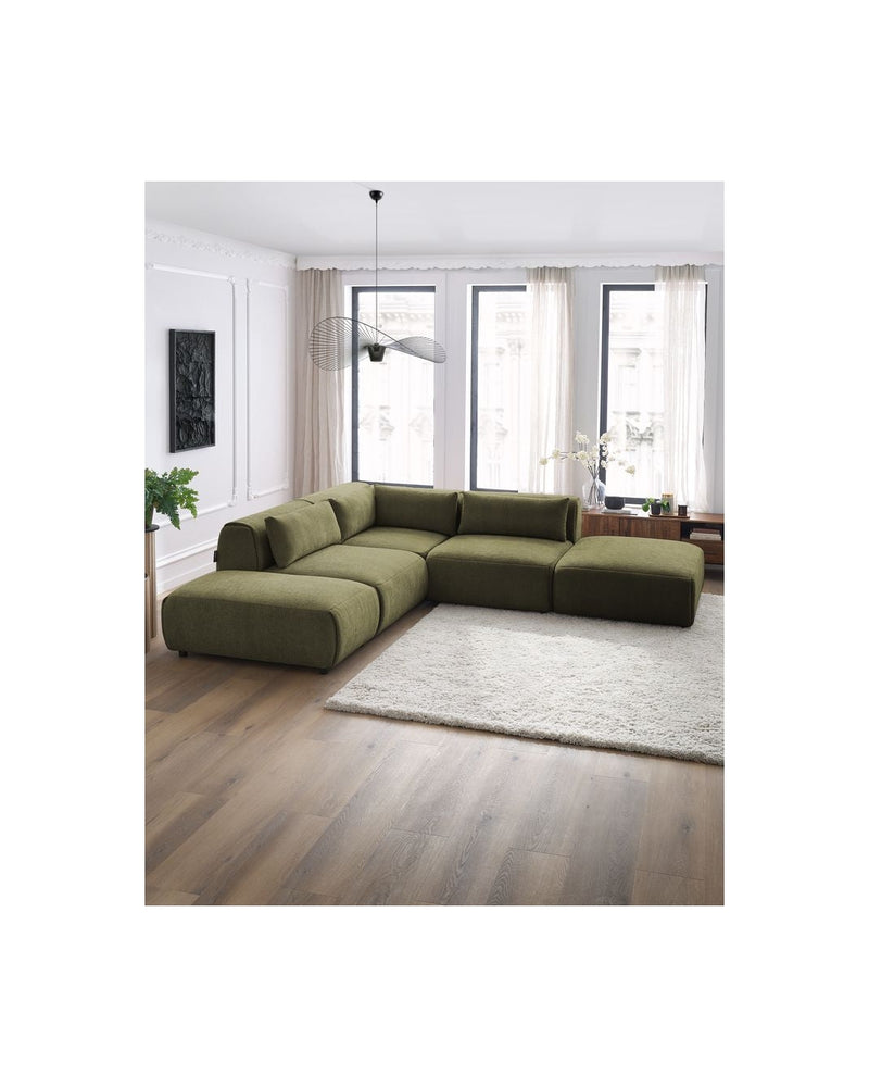 Canapé D'Angle Fixe Modulable - Jeanne - Tissu Texturé Avec 2 Chauffeuses, 1 Angle Et 2 Poufs