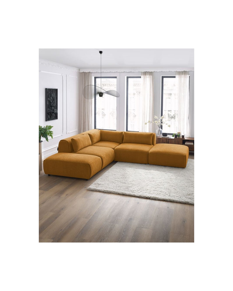 Canapé D'Angle Fixe Modulable - Jeanne - Tissu Texturé Avec 2 Chauffeuses, 1 Angle Et 2 Poufs