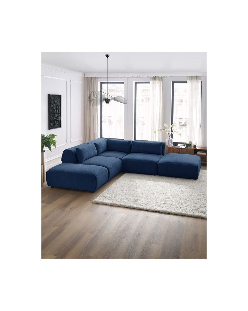 Canapé D'Angle Fixe Modulable - Jeanne - Tissu Texturé Avec 2 Chauffeuses, 1 Angle Et 2 Poufs