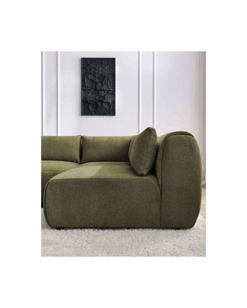 Canapé D'Angle Fixe Modulable - Jeanne - Tissu Texturé Avec 2 Chauffeuses, 1 Angle Et 2 Poufs