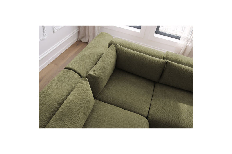 Canapé D'Angle Fixe Modulable - Jeanne - Tissu Texturé Avec 2 Chauffeuses, 1 Angle Et 2 Poufs