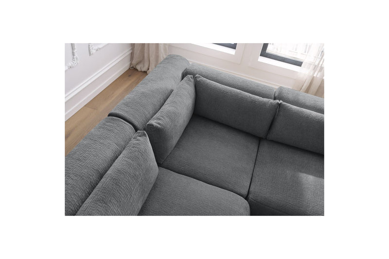 Canapé D'Angle Fixe Modulable - Jeanne - Tissu Texturé Avec 2 Chauffeuses, 1 Angle Et 2 Poufs