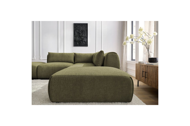 Canapé D'Angle Fixe Modulable - Jeanne - Tissu Texturé Avec 2 Chauffeuses, 1 Angle Et 2 Poufs