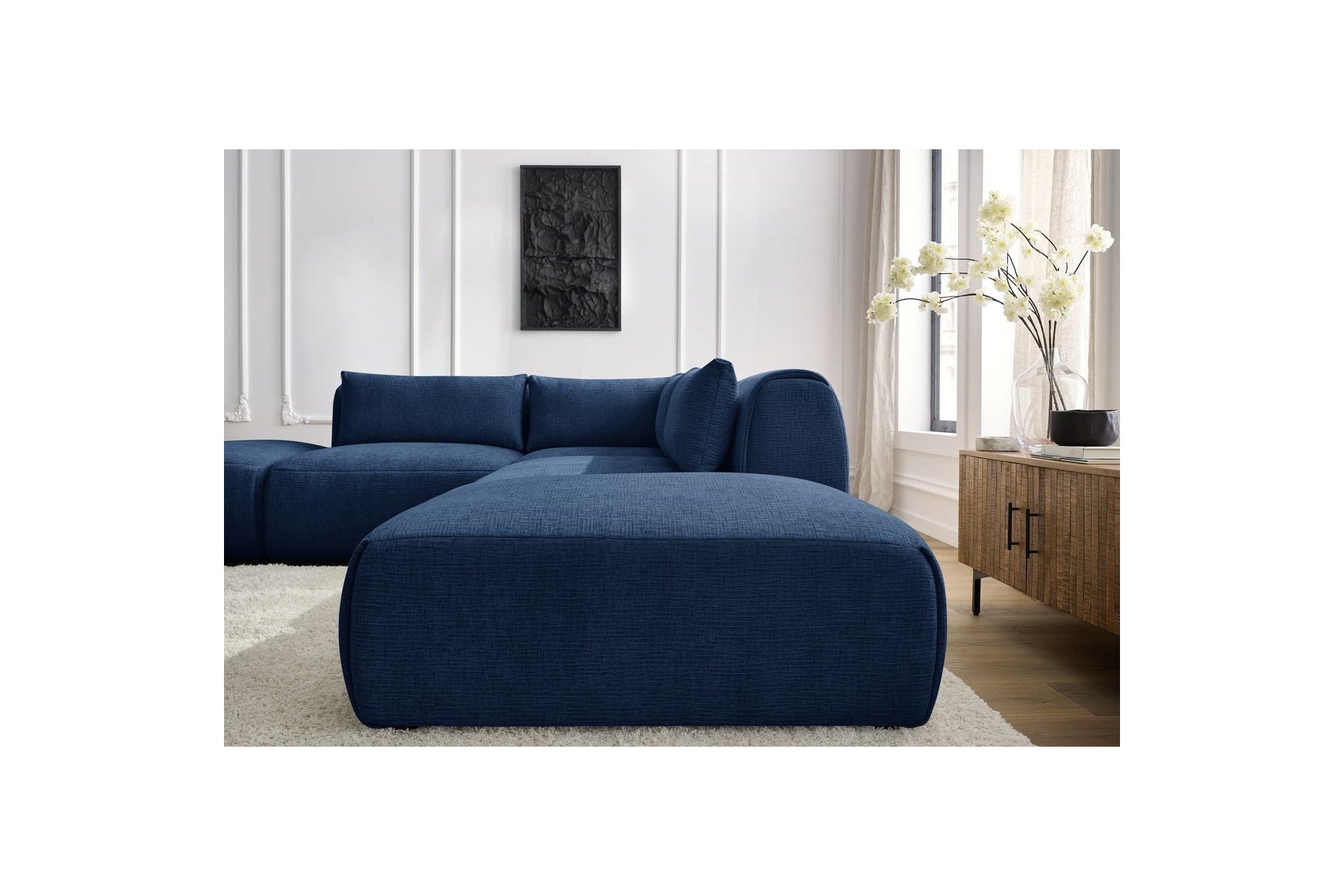 Jeanne - Fixed Modular Corner Sofa - Textured Fabric with 2 Armless Chairs, 1 Corner Unit and 2 Pouffes