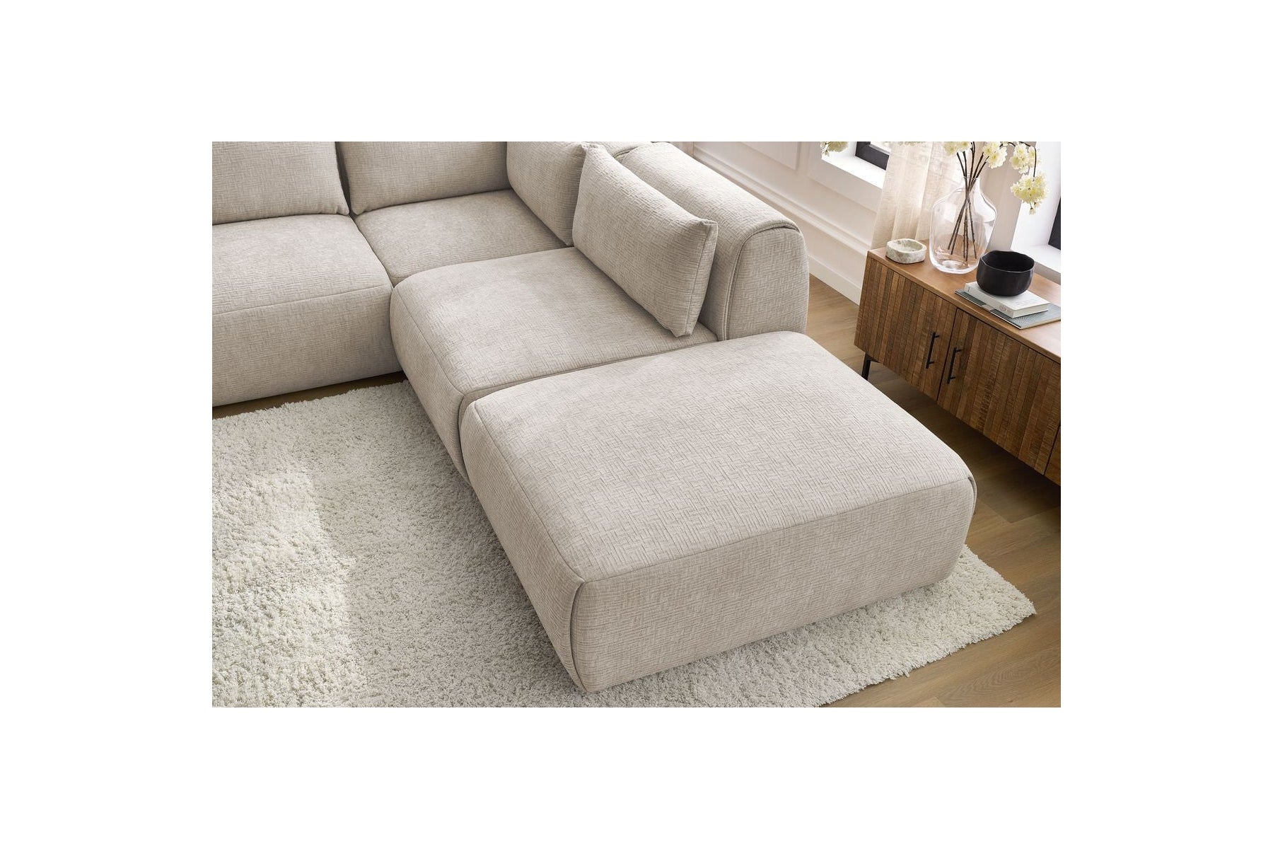 Jeanne - Fixed Modular Corner Sofa - Textured Fabric with 2 Armless Chairs, 1 Corner Unit and 2 Pouffes