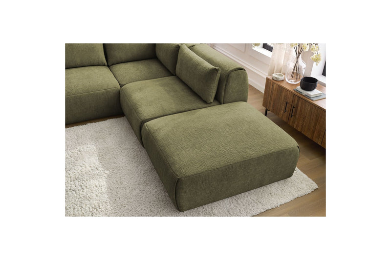 Canapé D'Angle Fixe Modulable - Jeanne - Tissu Texturé Avec 2 Chauffeuses, 1 Angle Et 2 Poufs