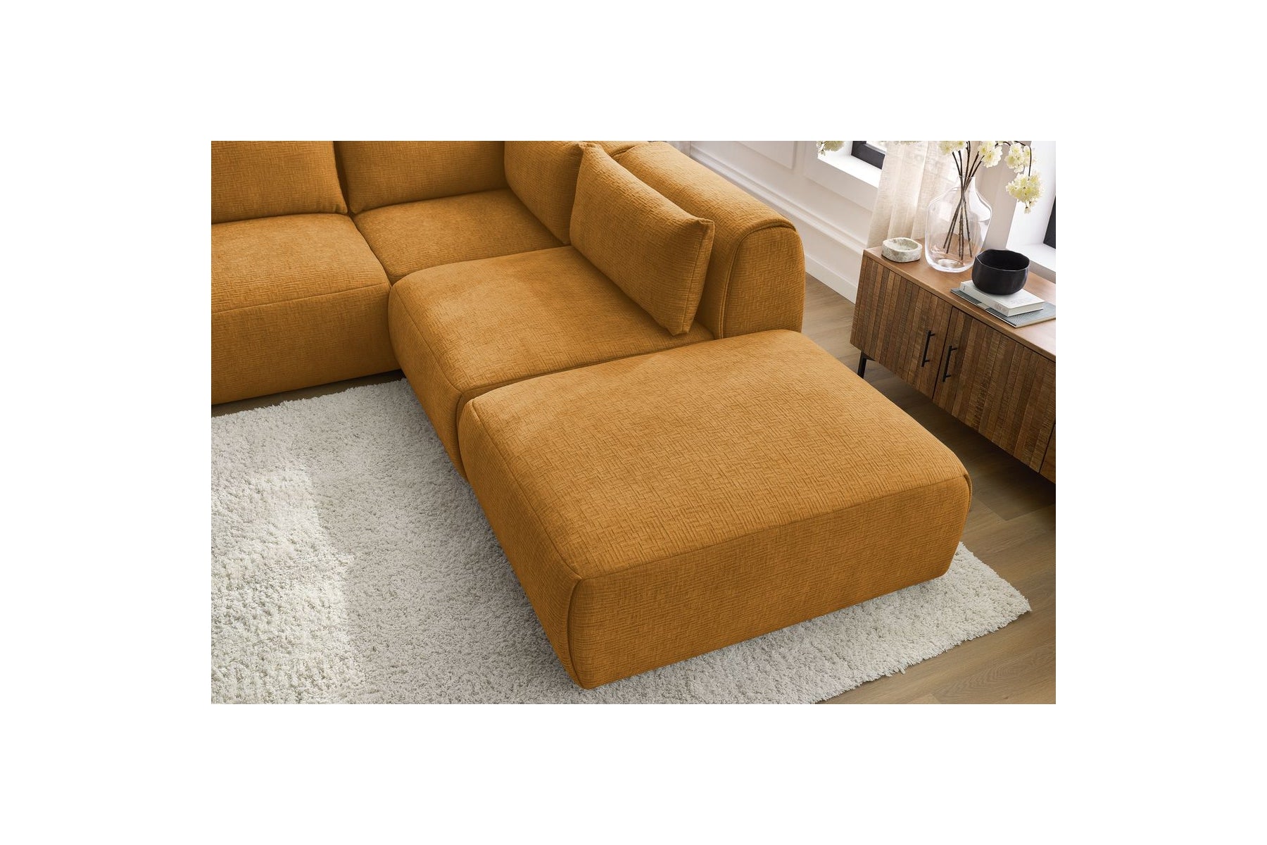 Jeanne - Fixed Modular Corner Sofa - Textured Fabric with 2 Armless Chairs, 1 Corner Unit and 2 Pouffes