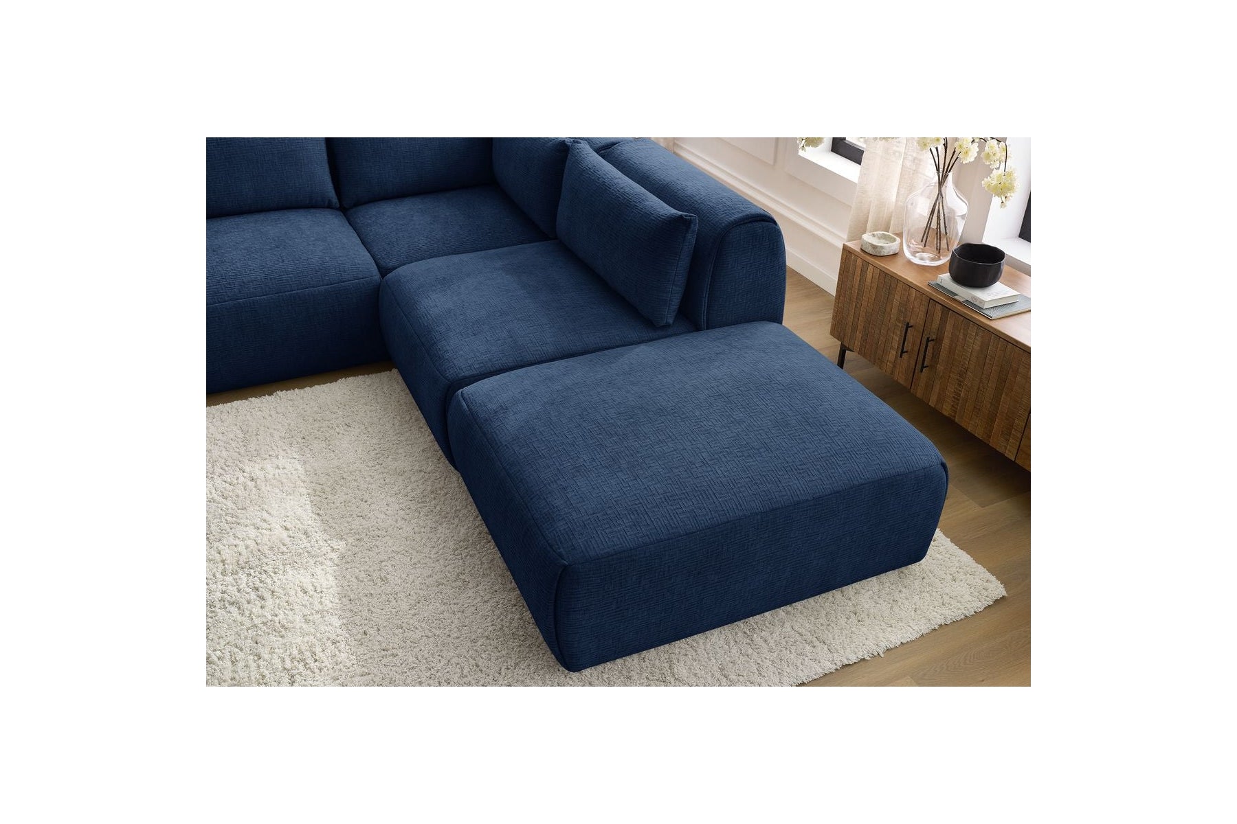 Jeanne - Fixed Modular Corner Sofa - Textured Fabric with 2 Armless Chairs, 1 Corner Unit and 2 Pouffes