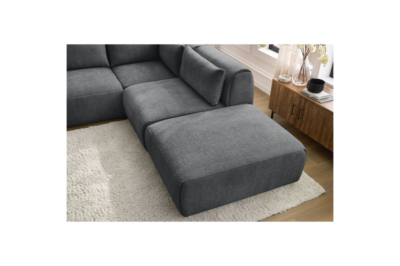 Canapé D'Angle Fixe Modulable - Jeanne - Tissu Texturé Avec 2 Chauffeuses, 1 Angle Et 2 Poufs