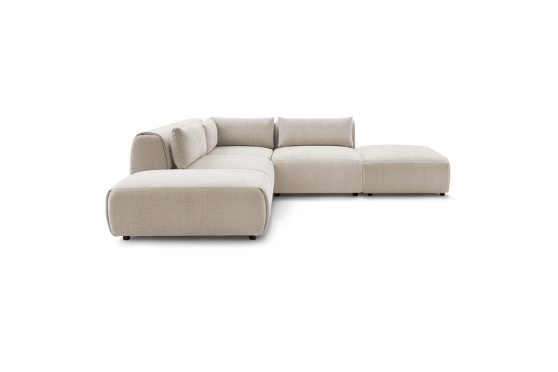 Canapé D'Angle Fixe Modulable - Jeanne - Tissu Texturé Avec 2 Chauffeuses, 1 Angle Et 2 Poufs