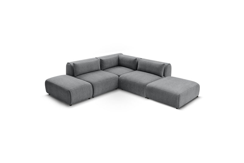 Canapé D'Angle Fixe Modulable - Jeanne - Tissu Texturé Avec 2 Chauffeuses, 1 Angle Et 2 Poufs