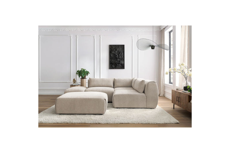 Canapé D'Angle Fixe Modulable - Jeanne - Tissu Texturé Avec 2 Chauffeuses, 1 Angle Et 2 Poufs