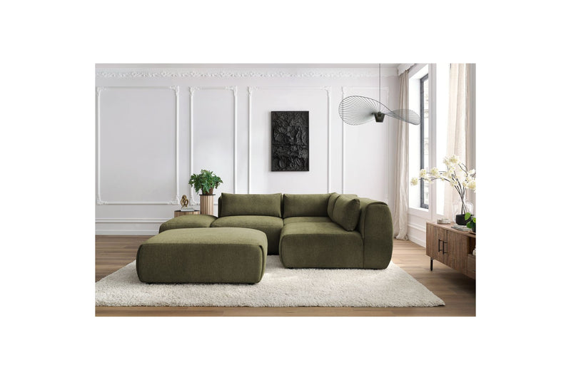 Canapé D'Angle Fixe Modulable - Jeanne - Tissu Texturé Avec 2 Chauffeuses, 1 Angle Et 2 Poufs