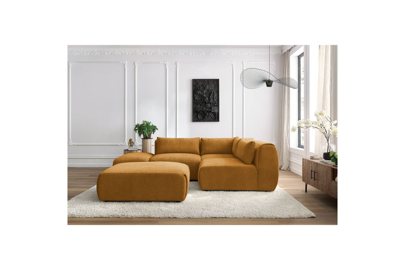 Canapé D'Angle Fixe Modulable - Jeanne - Tissu Texturé Avec 2 Chauffeuses, 1 Angle Et 2 Poufs