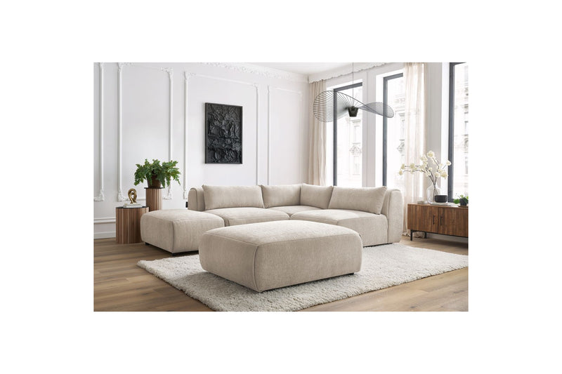 Canapé D'Angle Fixe Modulable - Jeanne - Tissu Texturé Avec 2 Chauffeuses, 1 Angle Et 2 Poufs