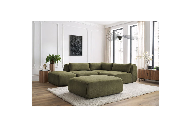 Canapé D'Angle Fixe Modulable - Jeanne - Tissu Texturé Avec 2 Chauffeuses, 1 Angle Et 2 Poufs