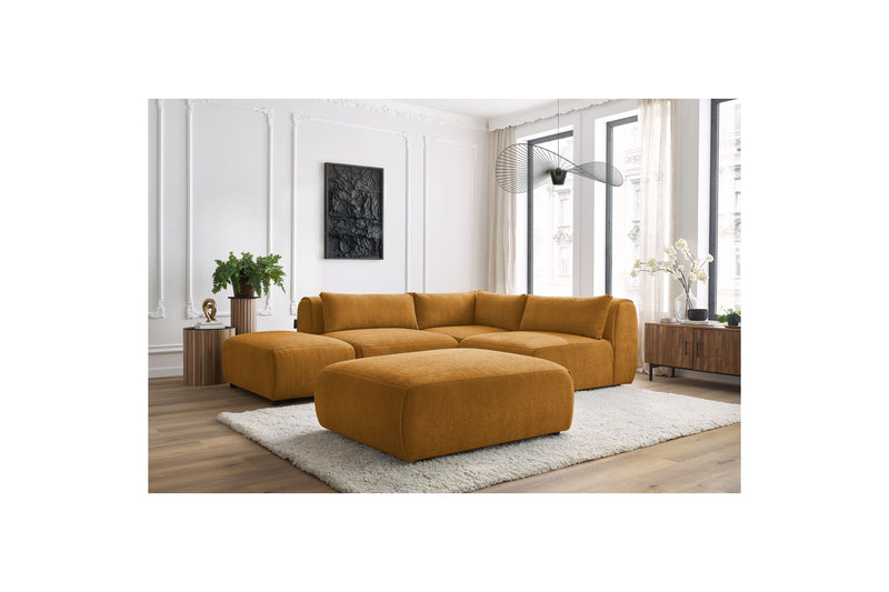 Canapé D'Angle Fixe Modulable - Jeanne - Tissu Texturé Avec 2 Chauffeuses, 1 Angle Et 2 Poufs