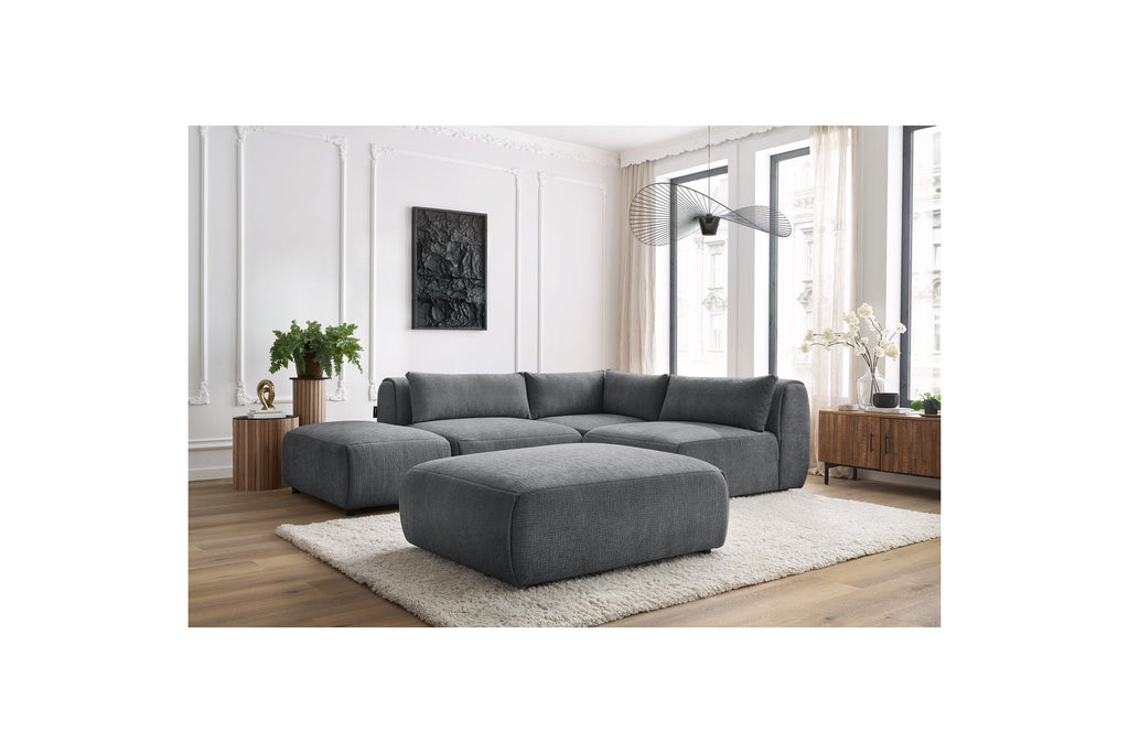 Jeanne - Fixed Modular Corner Sofa - Textured Fabric with 2 Armless Chairs, 1 Corner Unit and 2 Pouffes