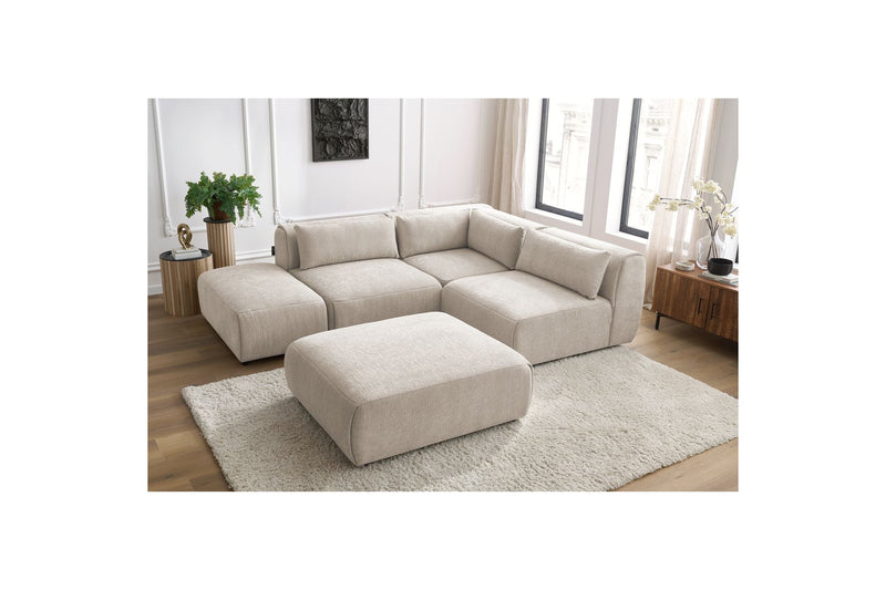 Canapé D'Angle Fixe Modulable - Jeanne - Tissu Texturé Avec 2 Chauffeuses, 1 Angle Et 2 Poufs