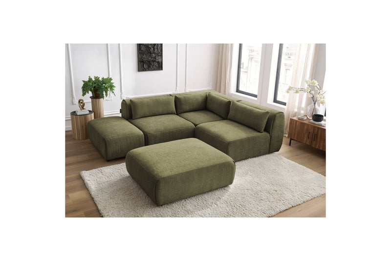 Canapé D'Angle Fixe Modulable - Jeanne - Tissu Texturé Avec 2 Chauffeuses, 1 Angle Et 2 Poufs