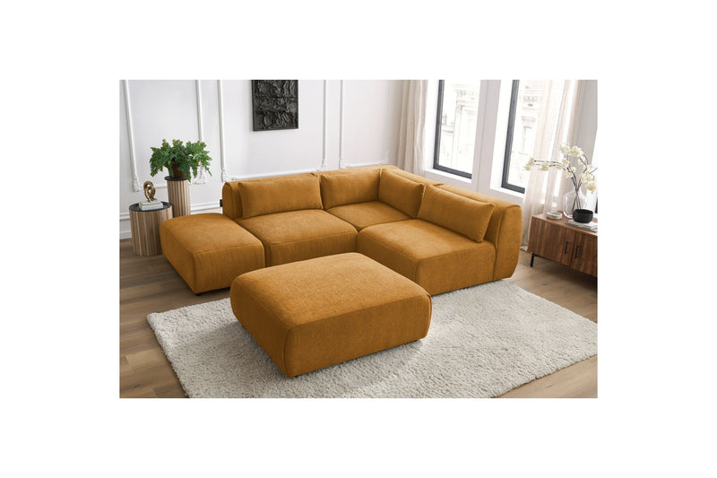 Canapé D'Angle Fixe Modulable - Jeanne - Tissu Texturé Avec 2 Chauffeuses, 1 Angle Et 2 Poufs