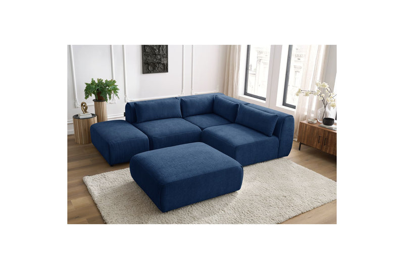 Canapé D'Angle Fixe Modulable - Jeanne - Tissu Texturé Avec 2 Chauffeuses, 1 Angle Et 2 Poufs