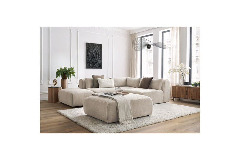 Canapé D'Angle Fixe Modulable - Jeanne - Tissu Texturé Avec 2 Chauffeuses, 1 Angle Et 2 Poufs