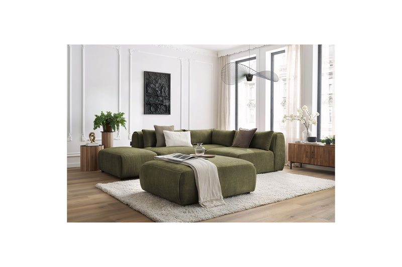 Canapé D'Angle Fixe Modulable - Jeanne - Tissu Texturé Avec 2 Chauffeuses, 1 Angle Et 2 Poufs