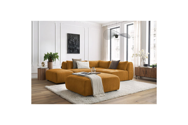 Canapé D'Angle Fixe Modulable - Jeanne - Tissu Texturé Avec 2 Chauffeuses, 1 Angle Et 2 Poufs