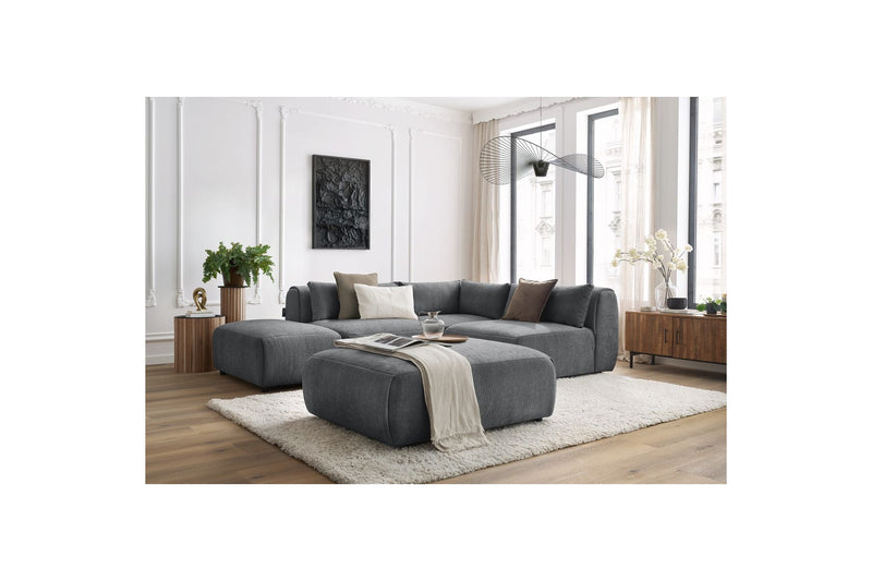 Canapé D'Angle Fixe Modulable - Jeanne - Tissu Texturé Avec 2 Chauffeuses, 1 Angle Et 2 Poufs