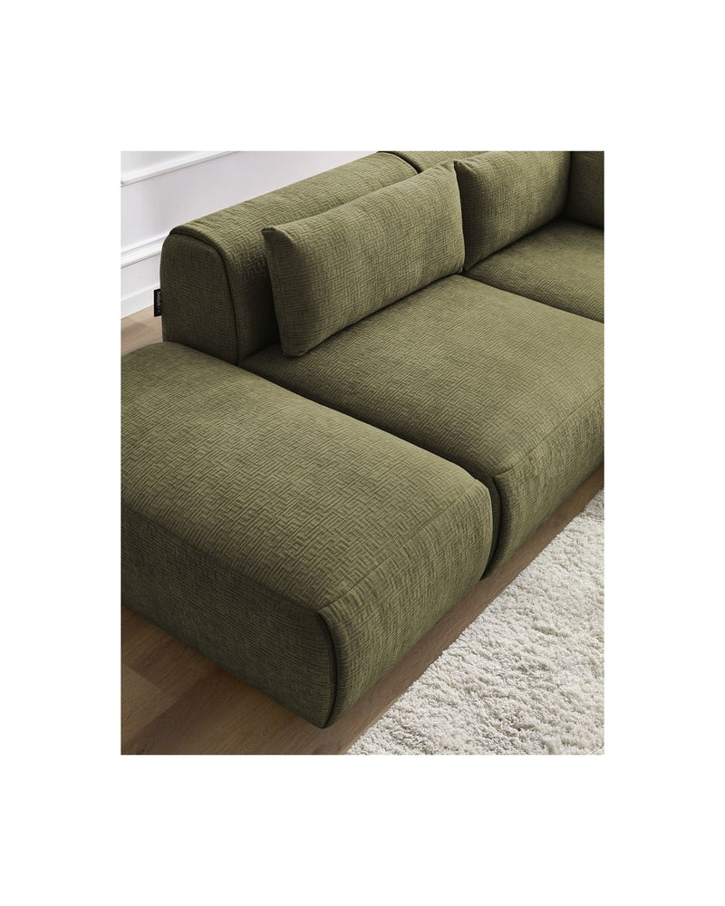 Canapé D'Angle Fixe Modulable - Jeanne - Tissu Texturé Avec 2 Chauffeuses, 1 Angle Et 2 Poufs