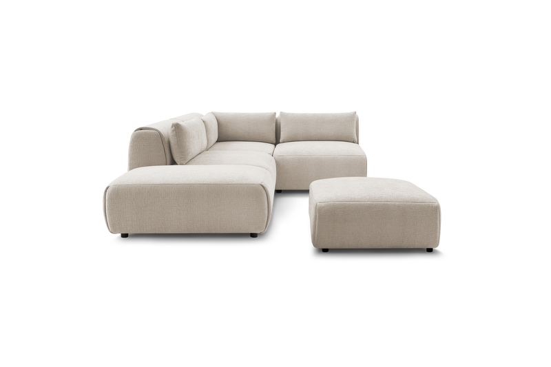 Canapé D'Angle Fixe Modulable - Jeanne - Tissu Texturé Avec 2 Chauffeuses, 1 Angle Et 2 Poufs