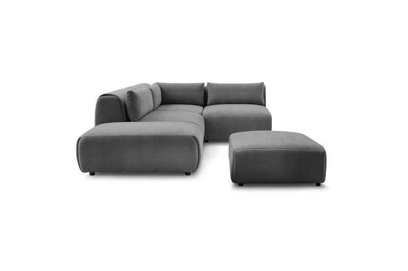 Canapé D'Angle Fixe Modulable - Jeanne - Tissu Texturé Avec 2 Chauffeuses, 1 Angle Et 2 Poufs