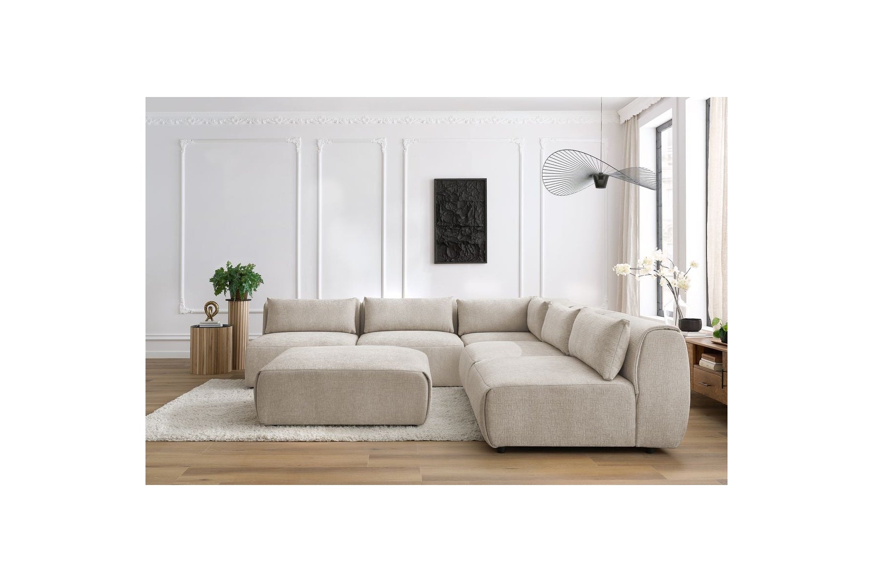 Jeanne - Fixed Modular Corner Sofa - Textured Fabric with 4 Armless Chairs, 1 Corner Unit and 1 Pouffe