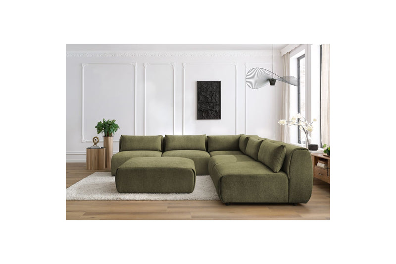 Canapé D'Angle Fixe Modulable - Jeanne - Tissu Texturé Avec 4 Chauffeuses, 1 Angle Et 1 Pouf