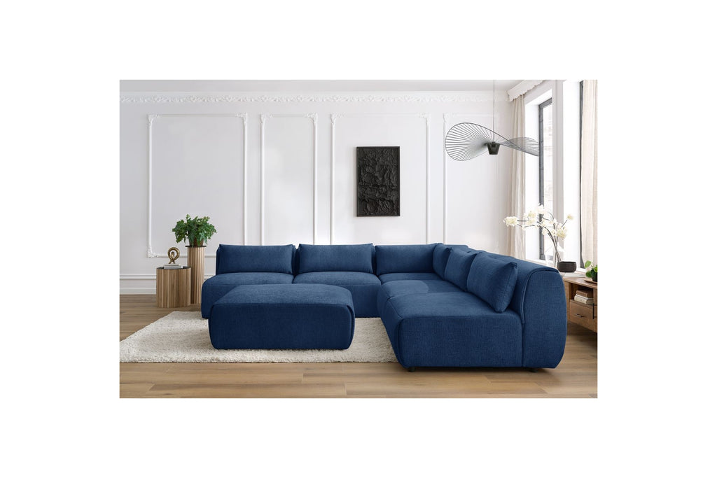 Jeanne - Fixed Modular Corner Sofa - Textured Fabric with 4 Armless Chairs, 1 Corner Unit and 1 Pouffe