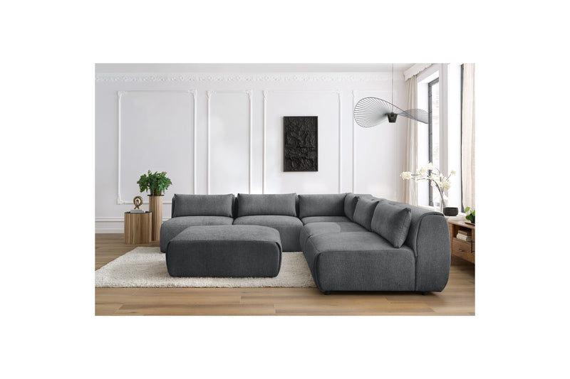 Canapé D'Angle Fixe Modulable - Jeanne - Tissu Texturé Avec 4 Chauffeuses, 1 Angle Et 1 Pouf