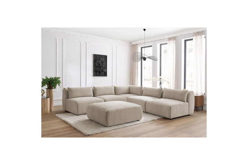 Canapé D'Angle Fixe Modulable - Jeanne - Tissu Texturé Avec 4 Chauffeuses, 1 Angle Et 1 Pouf