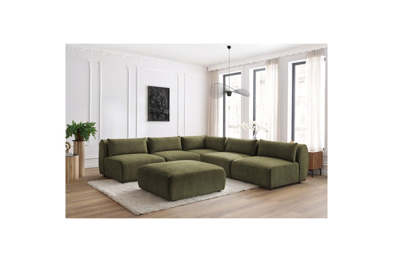 Canapé D'Angle Fixe Modulable - Jeanne - Tissu Texturé Avec 4 Chauffeuses, 1 Angle Et 1 Pouf