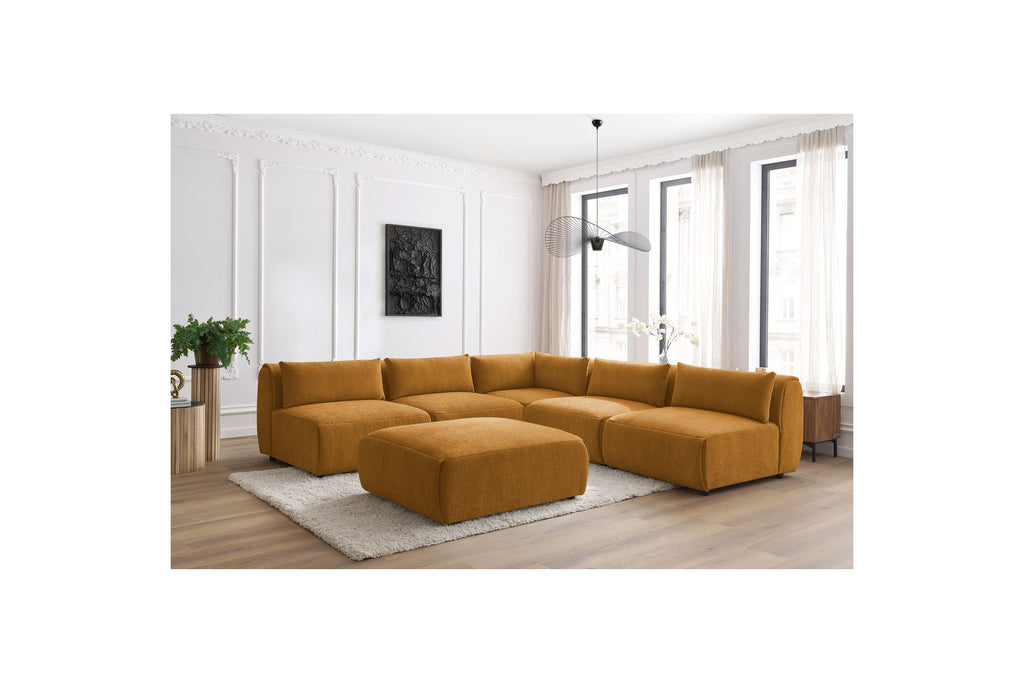 Jeanne - Fixed Modular Corner Sofa - Textured Fabric with 4 Armless Chairs, 1 Corner Unit and 1 Pouffe