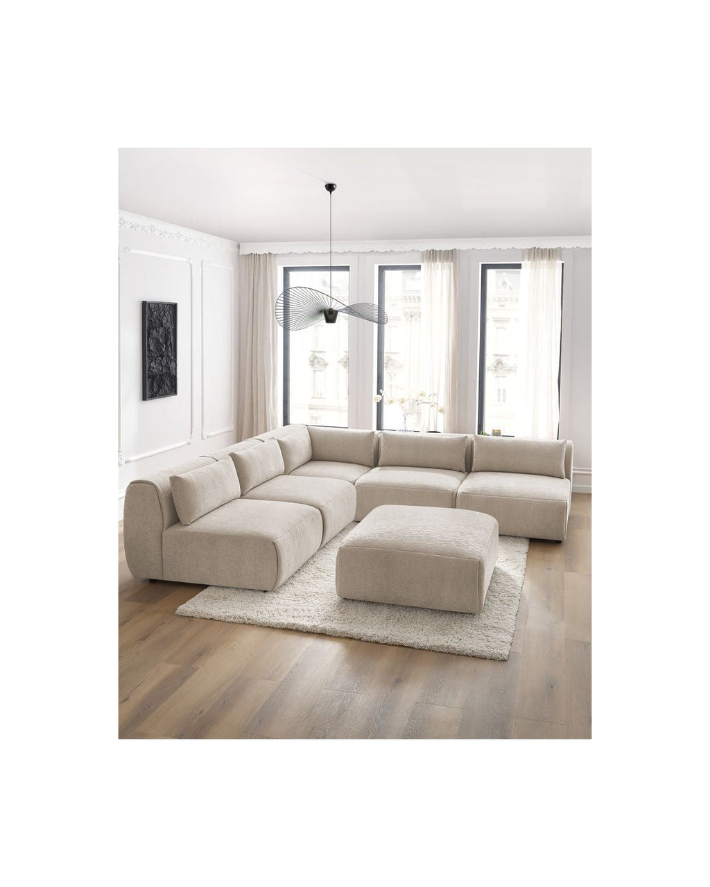 Jeanne - Fixed Modular Corner Sofa - Textured Fabric with 4 Armless Chairs, 1 Corner Unit and 1 Pouffe