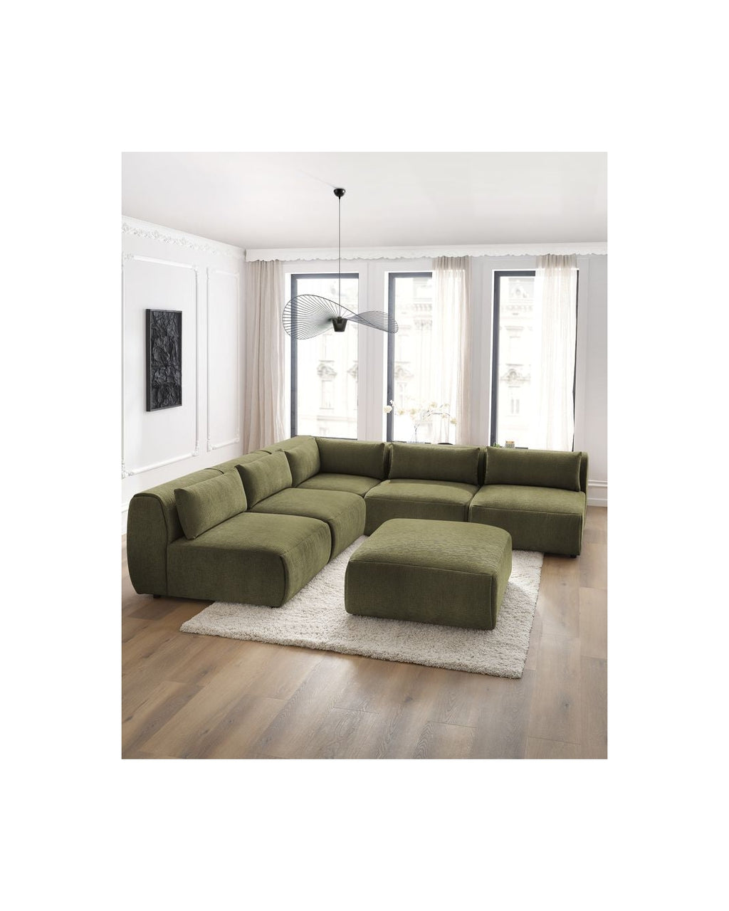 Jeanne - Fixed Modular Corner Sofa - Textured Fabric with 4 Armless Chairs, 1 Corner Unit and 1 Pouffe