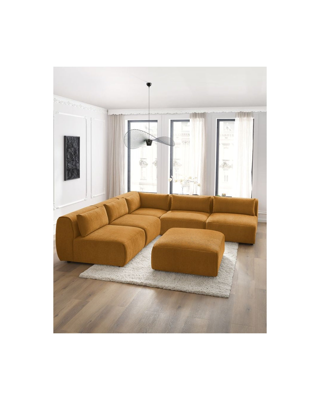 Jeanne - Fixed Modular Corner Sofa - Textured Fabric with 4 Armless Chairs, 1 Corner Unit and 1 Pouffe