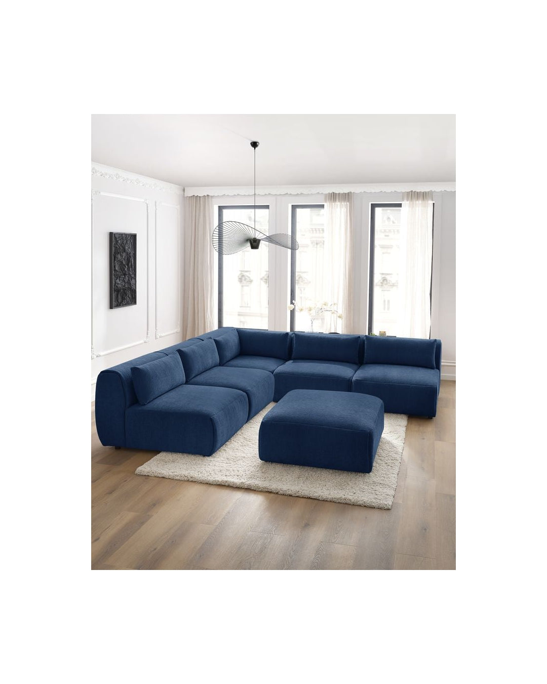 Jeanne - Fixed Modular Corner Sofa - Textured Fabric with 4 Armless Chairs, 1 Corner Unit and 1 Pouffe
