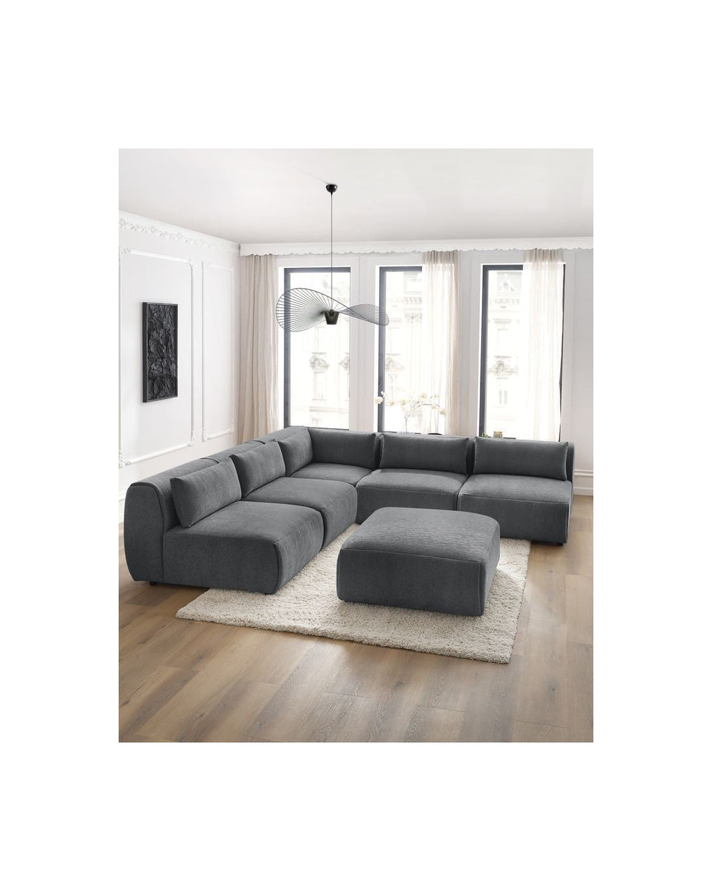Jeanne - Fixed Modular Corner Sofa - Textured Fabric with 4 Armless Chairs, 1 Corner Unit and 1 Pouffe