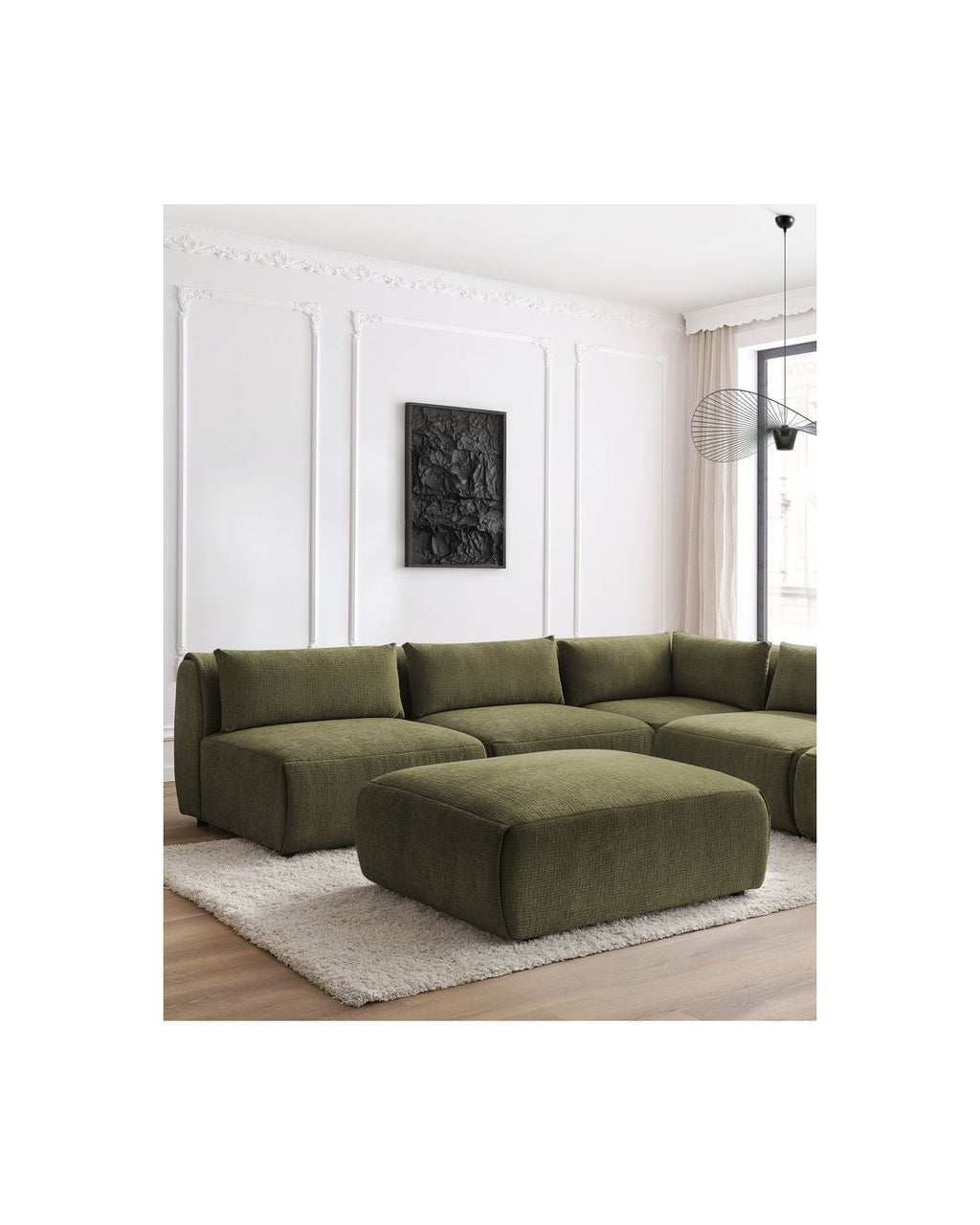 Jeanne - Fixed Modular Corner Sofa - Textured Fabric with 4 Armless Chairs, 1 Corner Unit and 1 Pouffe