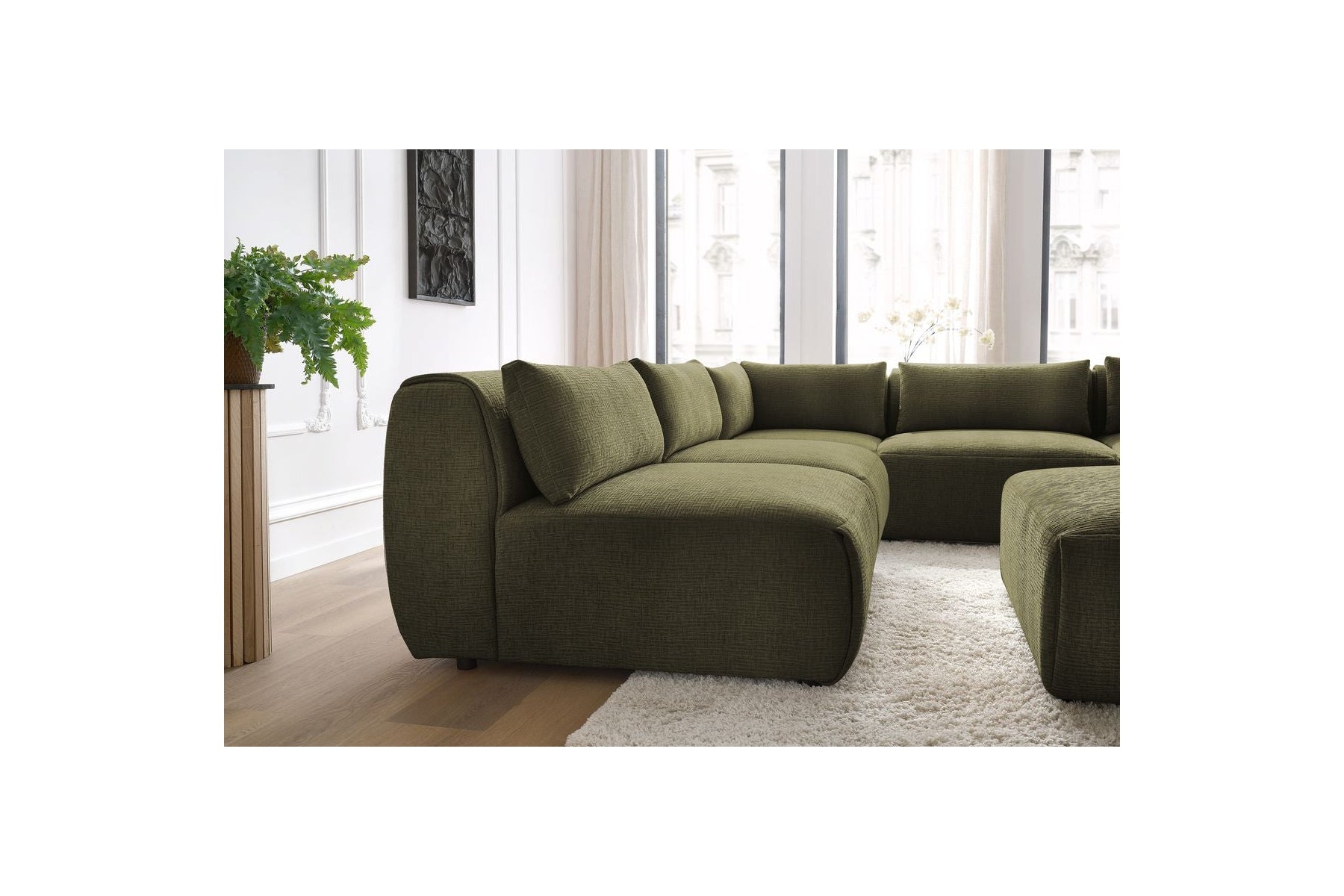 Jeanne - Fixed Modular Corner Sofa - Textured Fabric with 4 Armless Chairs, 1 Corner Unit and 1 Pouffe