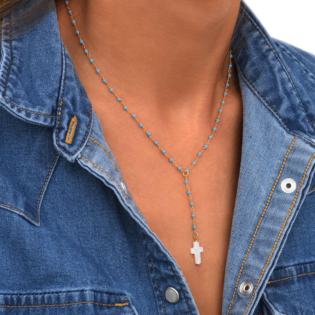 Chapelet Croix - Or & Turquoise
