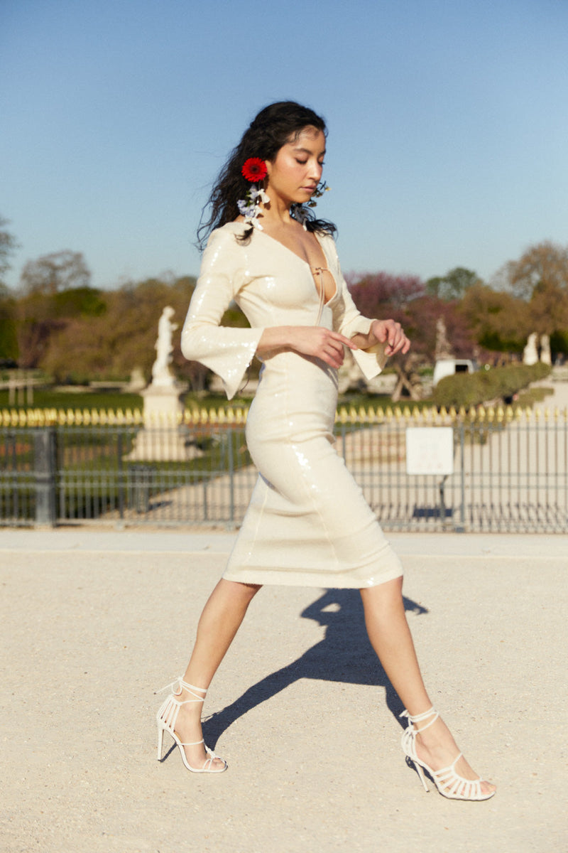 Vestido midi de punto elástico con lentejuelas - Perla