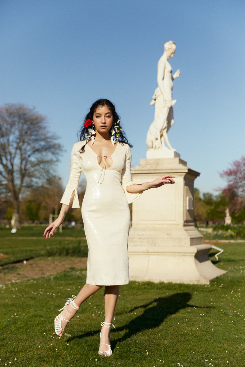 Vestido midi de punto elástico con lentejuelas - Perla